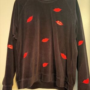 Zoe Karssen Black Velvet Crewneck with Red Lip Appliqués L